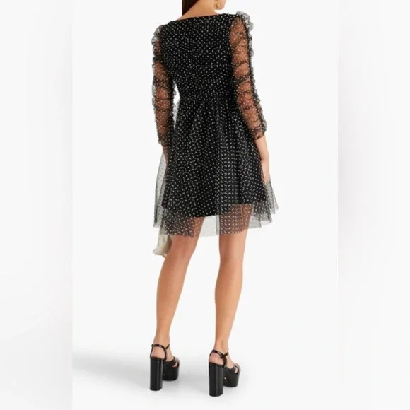 Women's Black Ruched Flocked Polka-dot Tulle Mini Dress - Picture 3 of 8